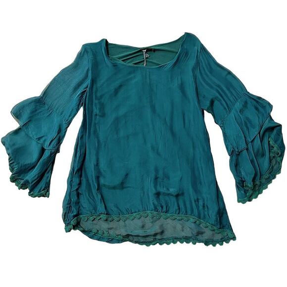 M Made in Italy Scoop Neck Tiered Sleeve Top Deep Green Women's Size Medium NWT - Picture 1 of 11